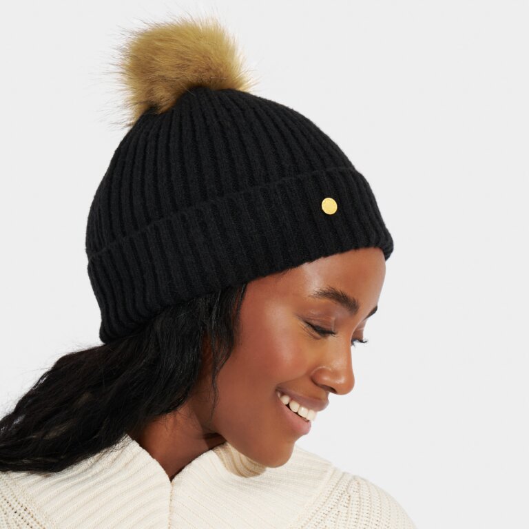 Katie Loxton Faur Fur Knitted Hat - Black