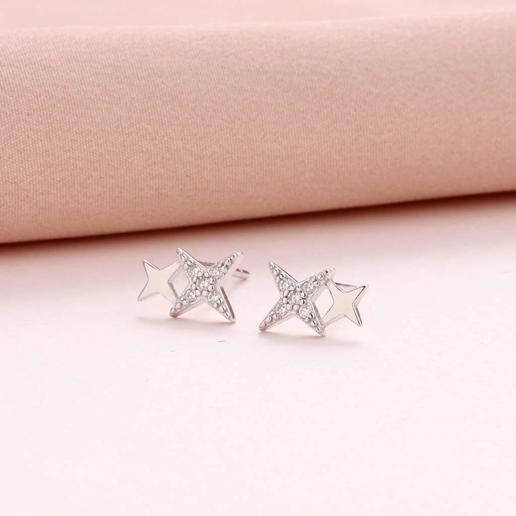 Birthday Star - Message in a Bottle - Double Star Stud Earrings - Sterling Silver