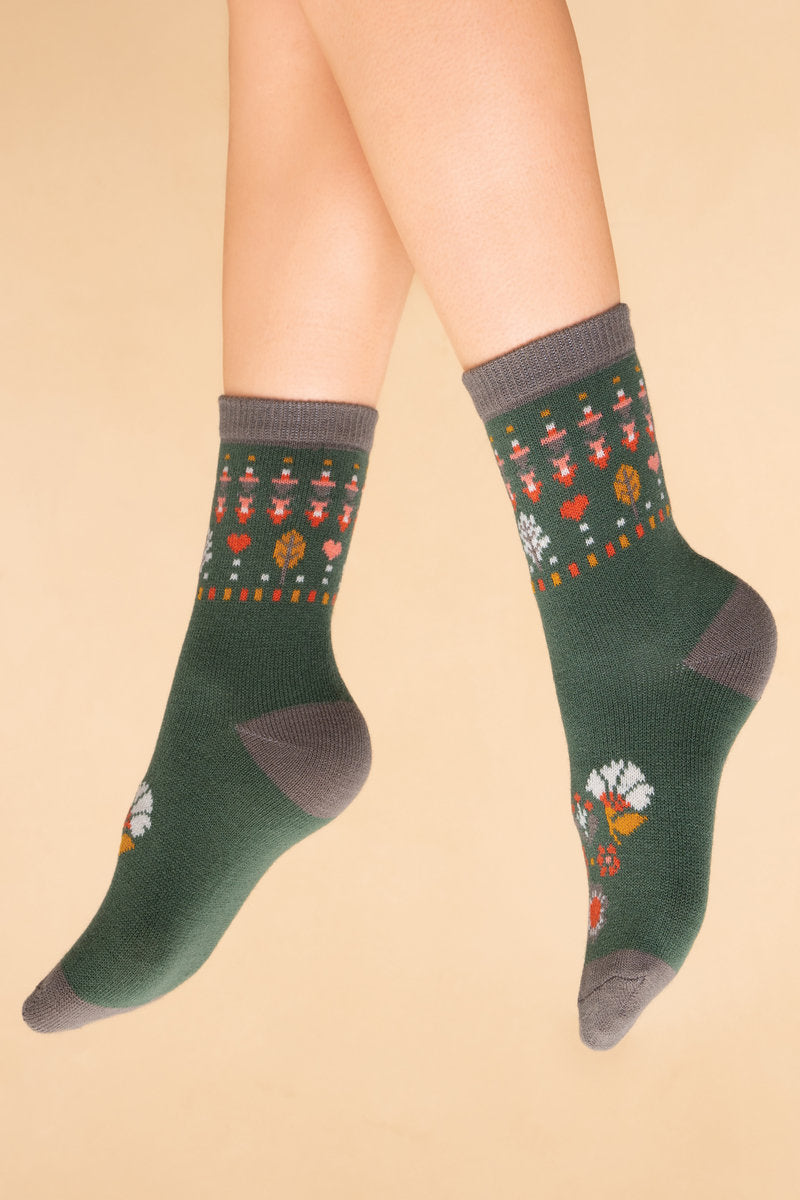 Powder Knitted Ankle Socks - Deco Floral - Olive Green