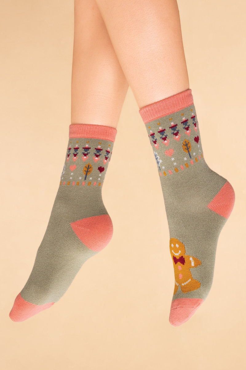Powder Knitted Ankle Socks - Gingerbread Man - Sage Green