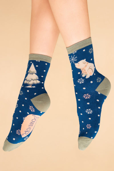 Powder North Pole-ar Bear Ladies Ankle Socks - Navy Blue