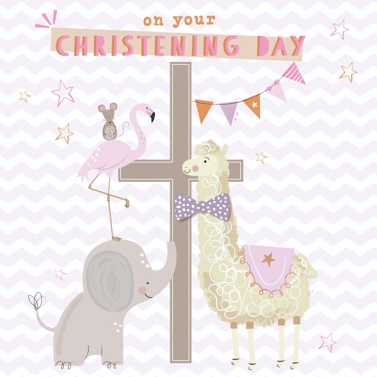 Cute Animal Pink Christening Day Card