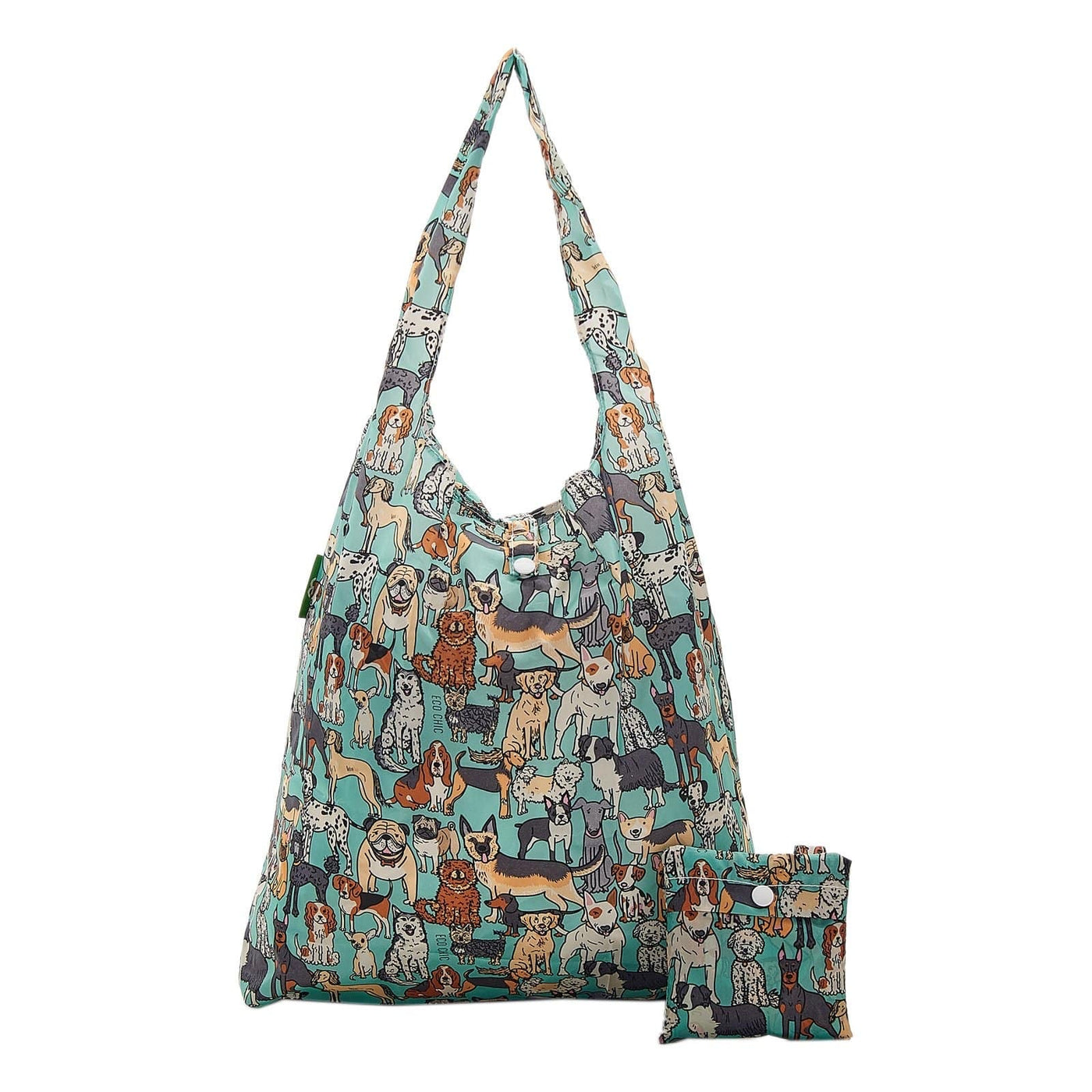 Eco Chic Foldable Recycled Shopping Bag - Multi Dogs - Turquoise