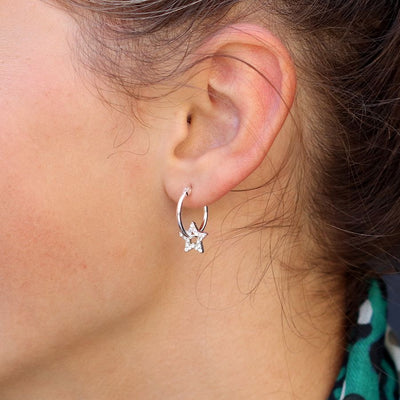 POM Silver Plated Pave Crystal Star Outline Hoop Earrings