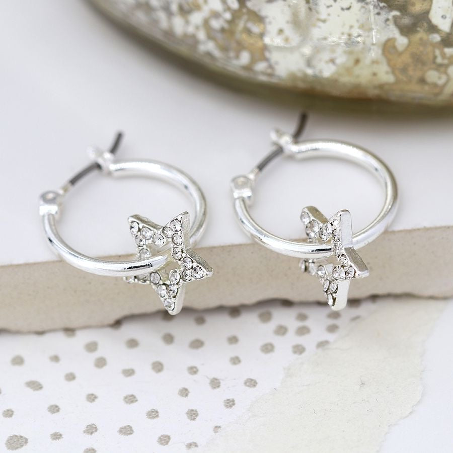 POM Silver Plated Pave Crystal Star Outline Hoop Earrings