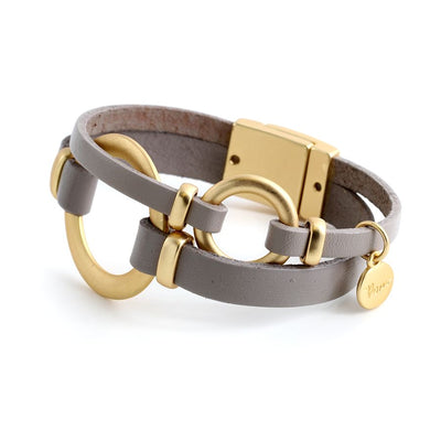 POM Taupe Leather Double Strand & Gold Hoops Magnetic Bracelet