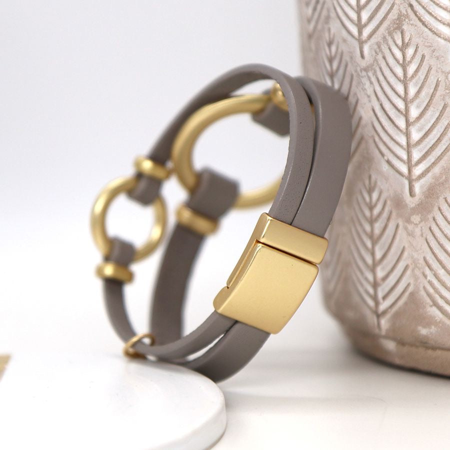 POM Taupe Leather Double Strand & Gold Hoops Magnetic Bracelet