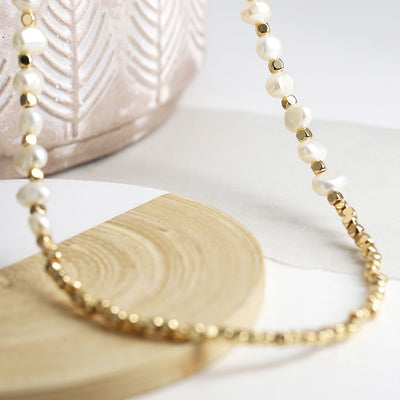 POM Golden Cube Bead and Seed Pearl Necklace