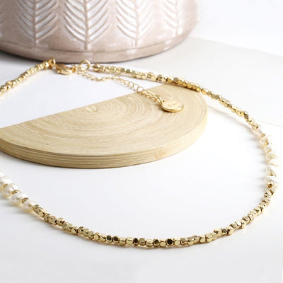 POM Golden Cube Bead and Seed Pearl Necklace
