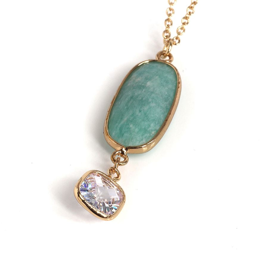 POM Aqua Stone & Crystal Drop Golden Necklace