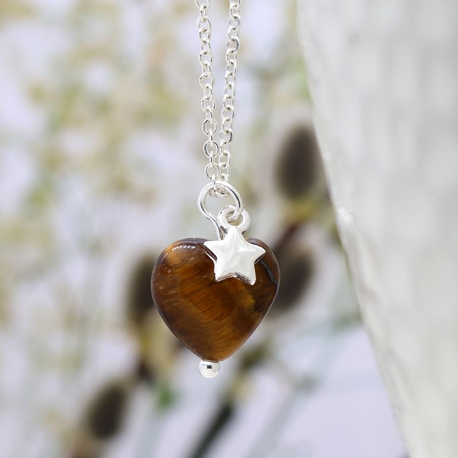 POM Silver Plated Tigers Eye Heart & Silver Star Pendant