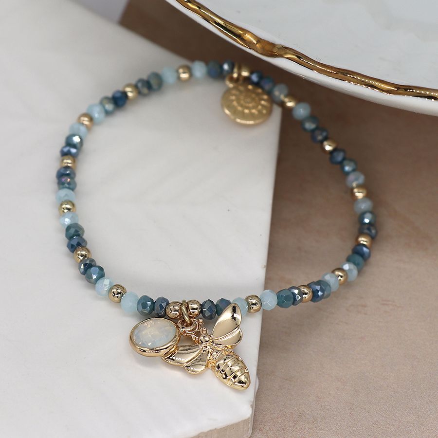 POM Aqua Crystal Bead Bracelet with Bee Charm