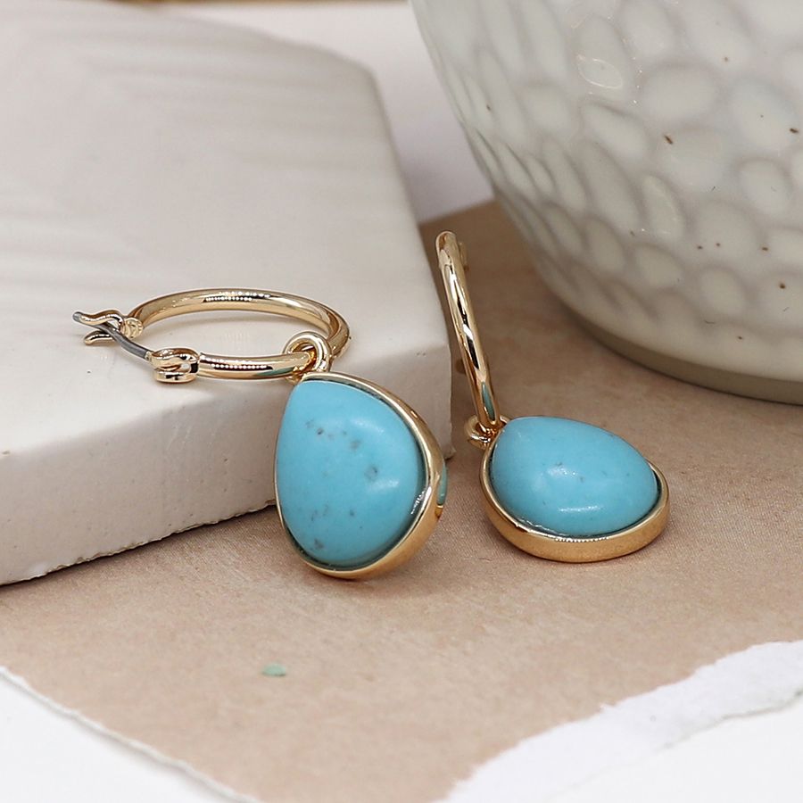 POM Gold Plated Hoop Earrings with Large Turquoise Teardrop