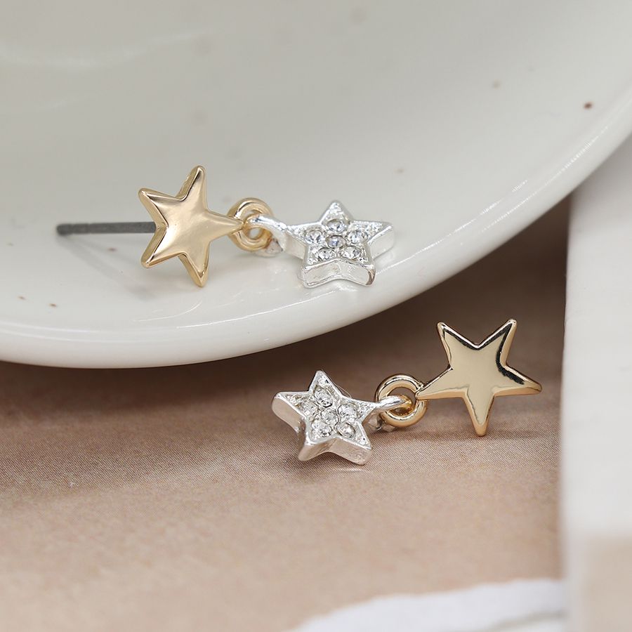 POM Double Star Crystal Set Silver Plated Earrings