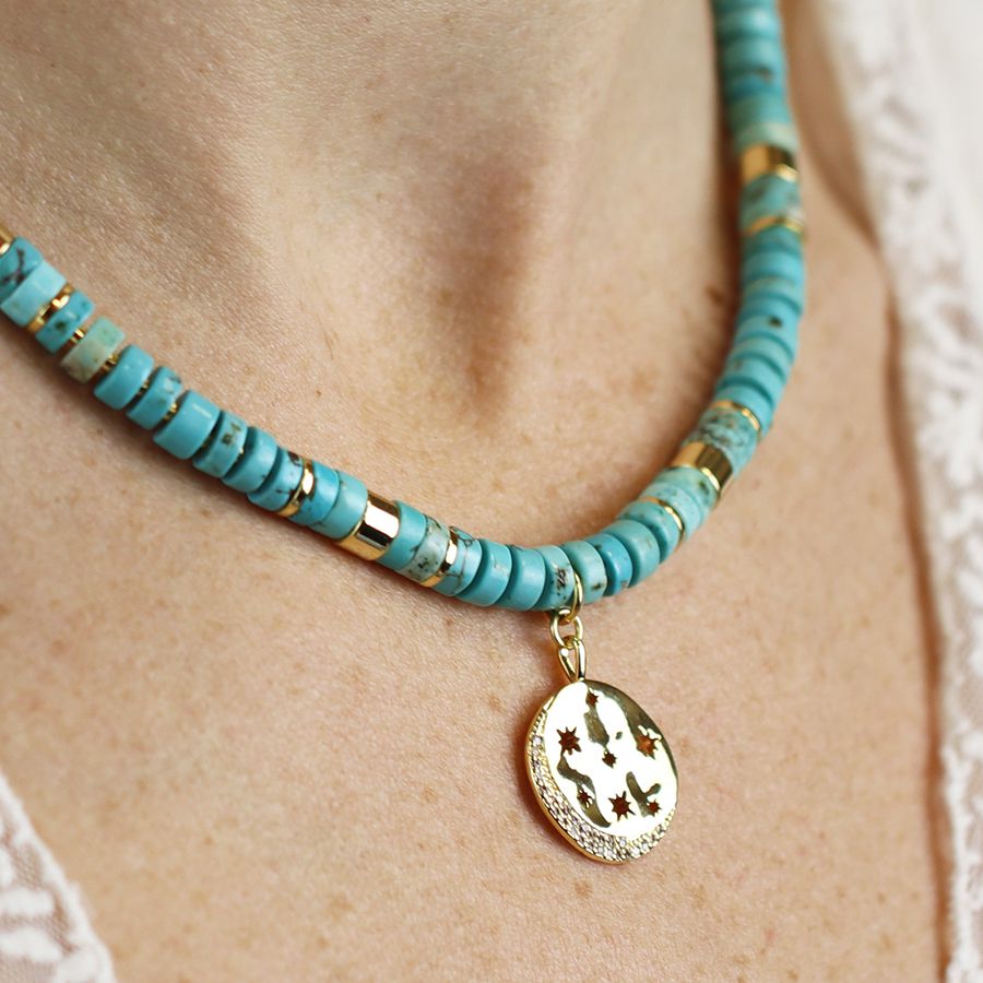 POM Turquoise Semi Precious Bead Necklace with Gold Cut out Disc Charm