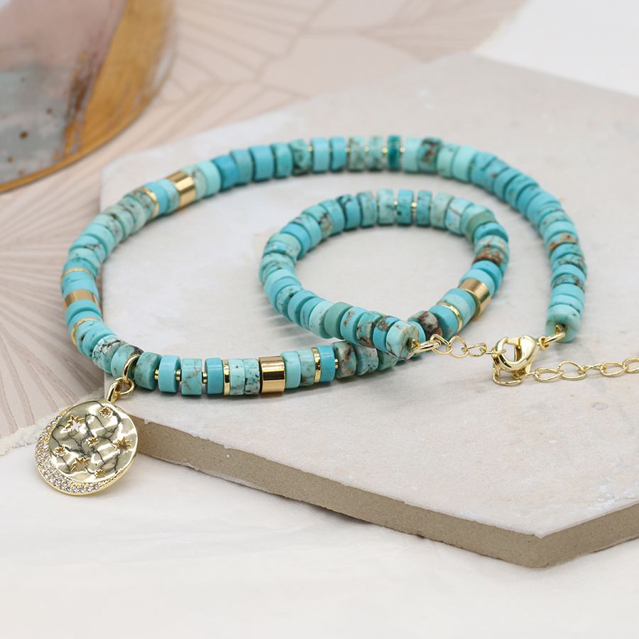 POM Turquoise Semi Precious Bead Necklace with Gold Cut out Disc Charm