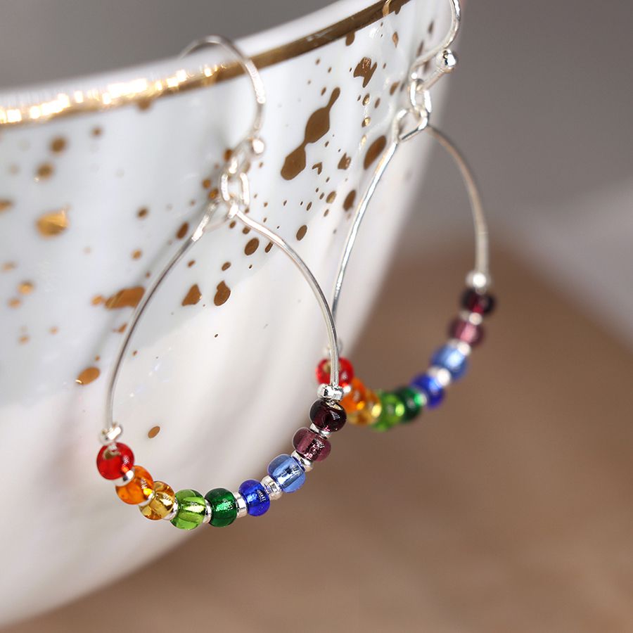 POM Silver Plated Wire Teardrop Rainbow Beaded Earrings