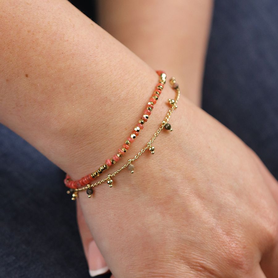POM Gold Plated Chain & Beaded Coral Red Tourmaline Beaded Bracelet