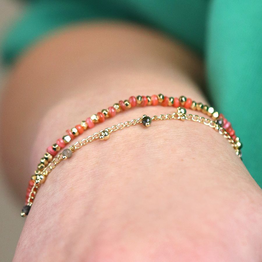 POM Gold Plated Chain & Beaded Coral Red Tourmaline Beaded Bracelet