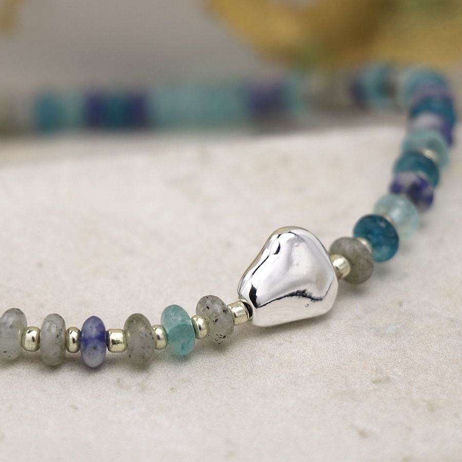 POM Blue Mix Beaded Necklace with Silver Pebble Detail