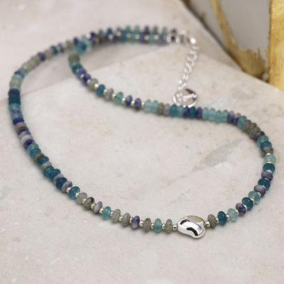 POM Blue Mix Beaded Necklace with Silver Pebble Detail