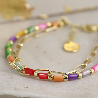POM Rainbow Shell & Gold Plated Chain Beaded Bracelet