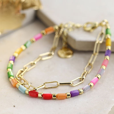 POM Rainbow Shell & Gold Plated Chain Beaded Bracelet