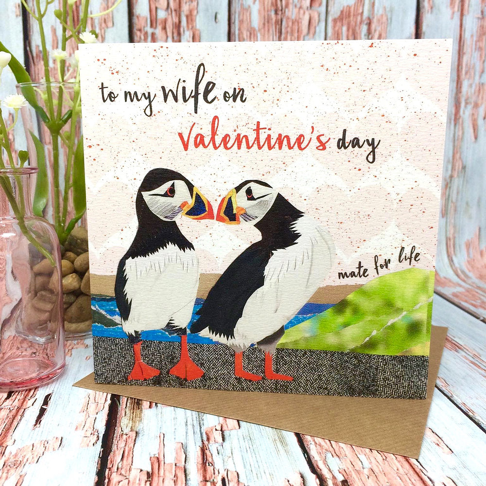 Flying Teaspoons To my Wife on Valentines Day Puffin Card