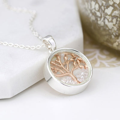 POM Gold Tree of Life in Silver Circle with Crystals Necklace