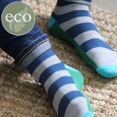 POM MENS Bamboo Striped Ankle Socks - Grey/Navy stripe - Contrast Sole