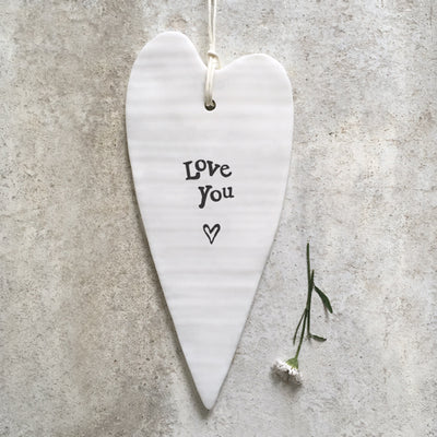 East of India Porcelain Long Hanging Heart - Love You
