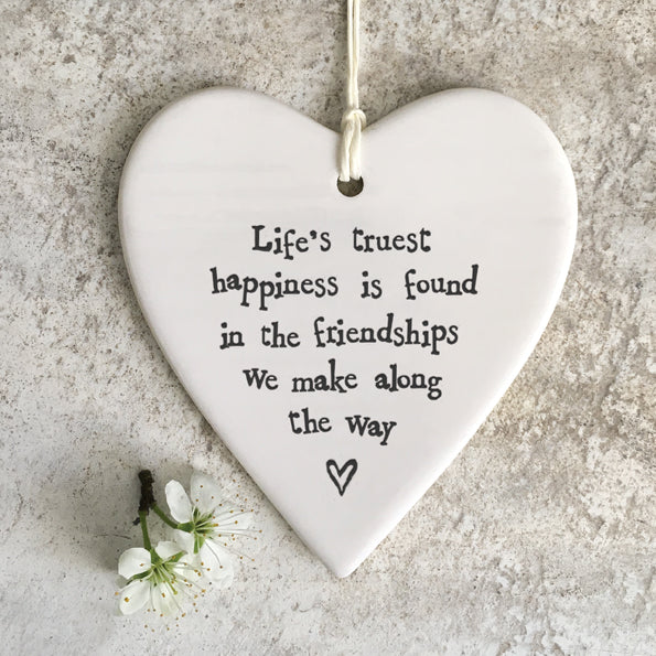 East of India Porcelain Round Hanging Heart -Lifes Truest Happiness