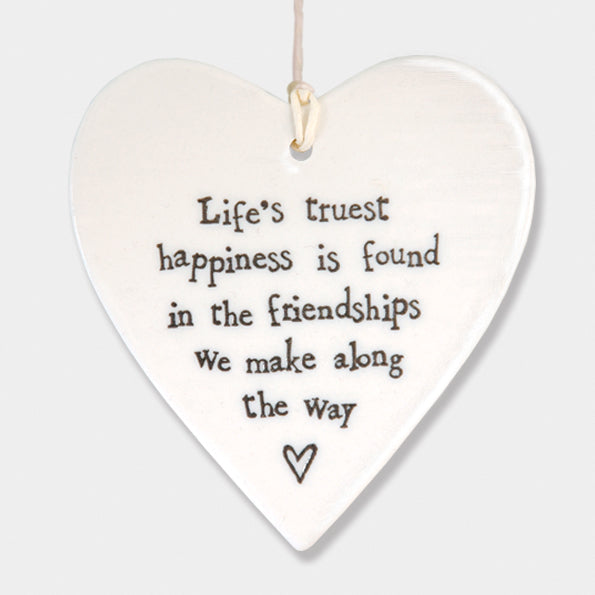 East of India Porcelain Round Hanging Heart -Lifes Truest Happiness