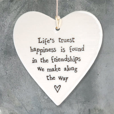East of India Porcelain Round Hanging Heart -Lifes Truest Happiness