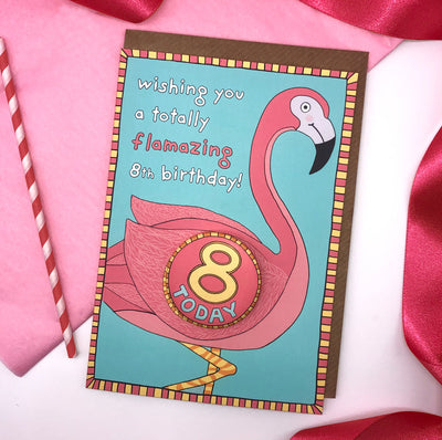 Papersole Happy 8th Birthday Flamingo Badge Card