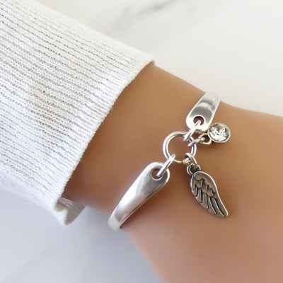 Orli Angel Wing & Crystal Bangle Bracelet - Silver