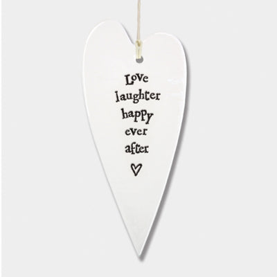 East of India Porcelain Long Hanging Heart -Love Laughter