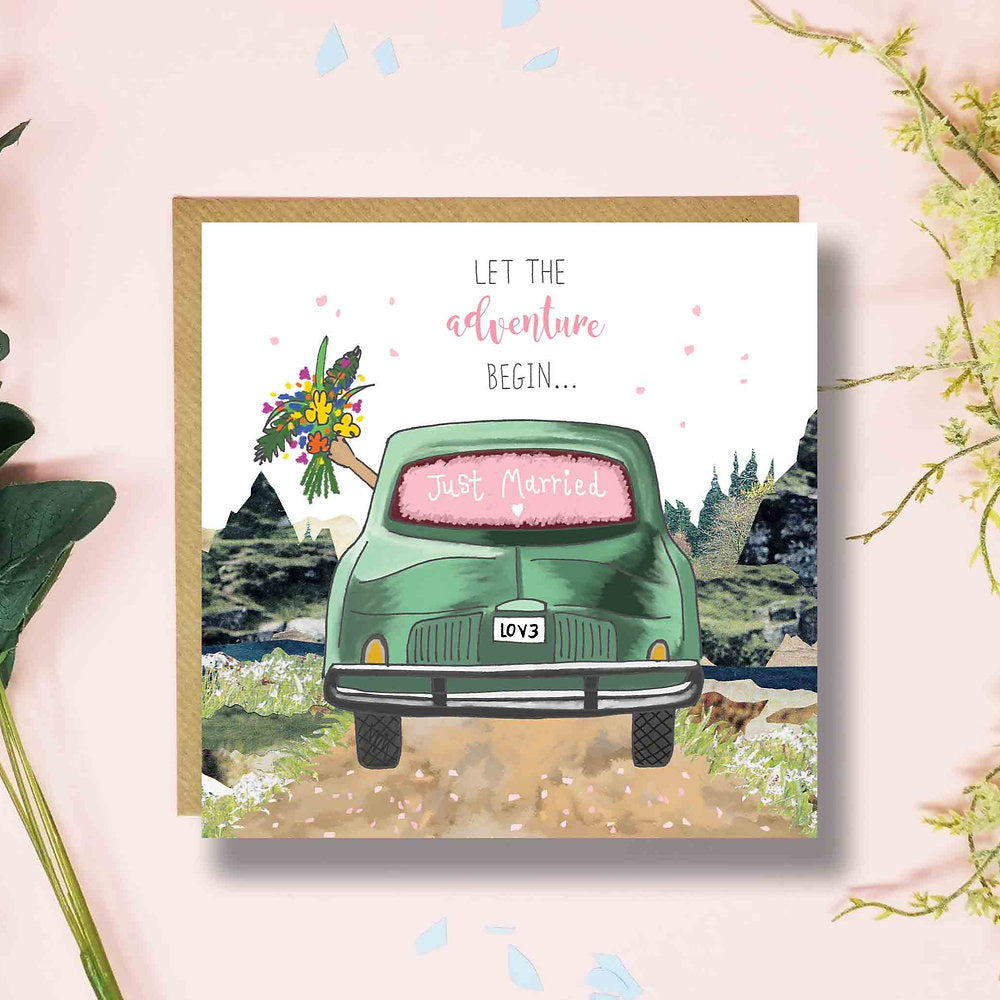 Flying Teaspoons Let the Adventure Begin Car Wedding Card