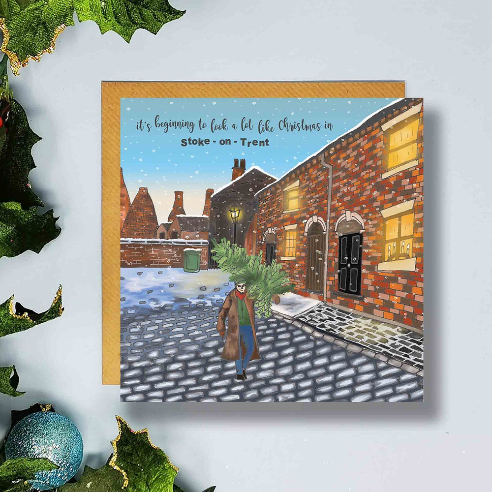 Flying Teaspoons Stokie Cobbled Street Christmas Card