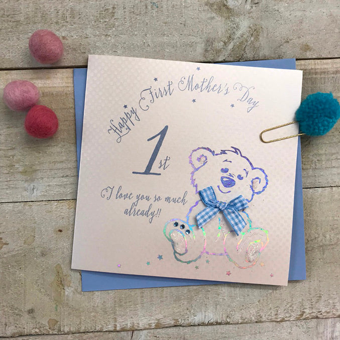 White Cotton Cards First Mothers Day Blue Teddy Card