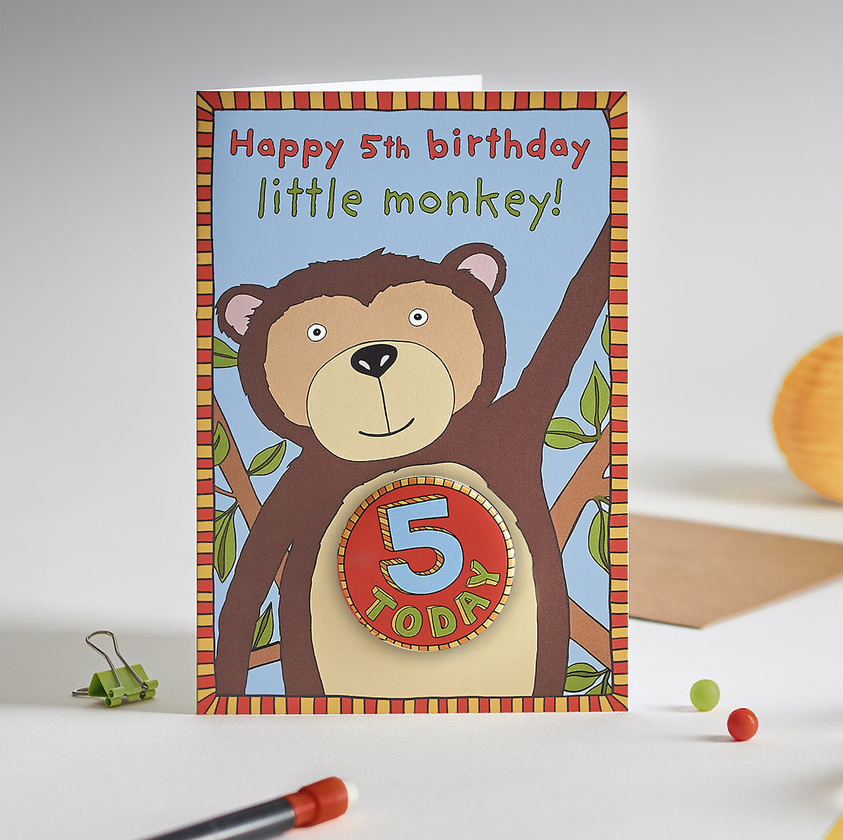 Papersole Happy 5th Birthday Monkey Badge Card