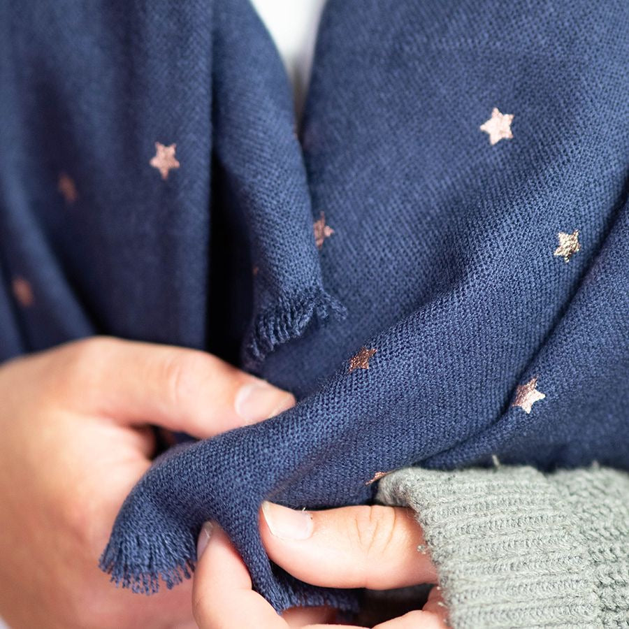 POM Navy Blue & Rose Gold Foil Stars Scarf