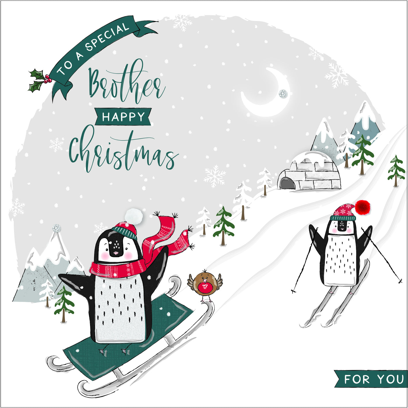 The Handcrafted Card Company Brother Penguin Skiing Christmas Card