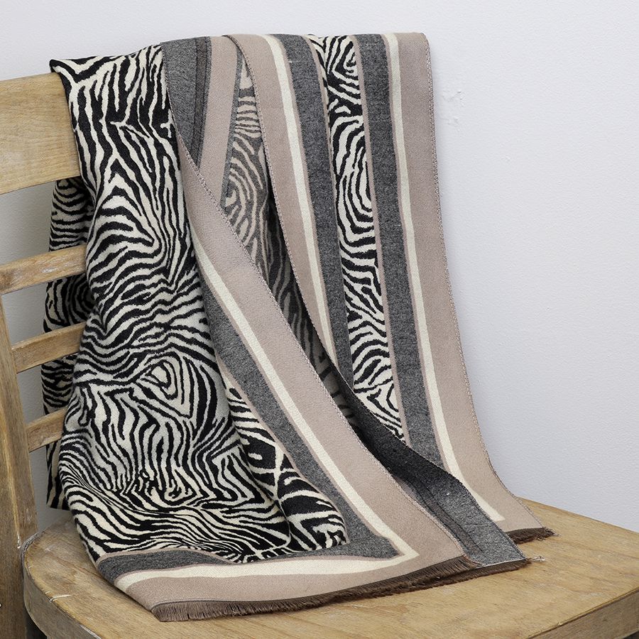 POM Monochrome Zebra Jacquard Print & Taupe Border Scarf