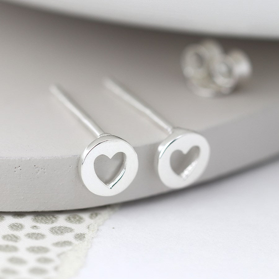 POM Sterling Silver Mini Cut Out Heart Disc Stud Earrings
