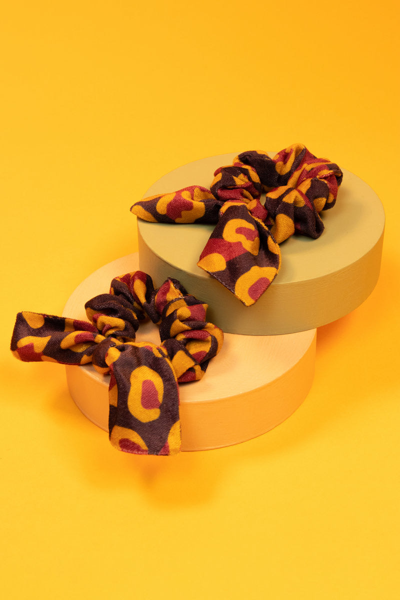 Powder Velvet Scrunchies (Pack of 2) - Leopard Print - Damson/Mustard