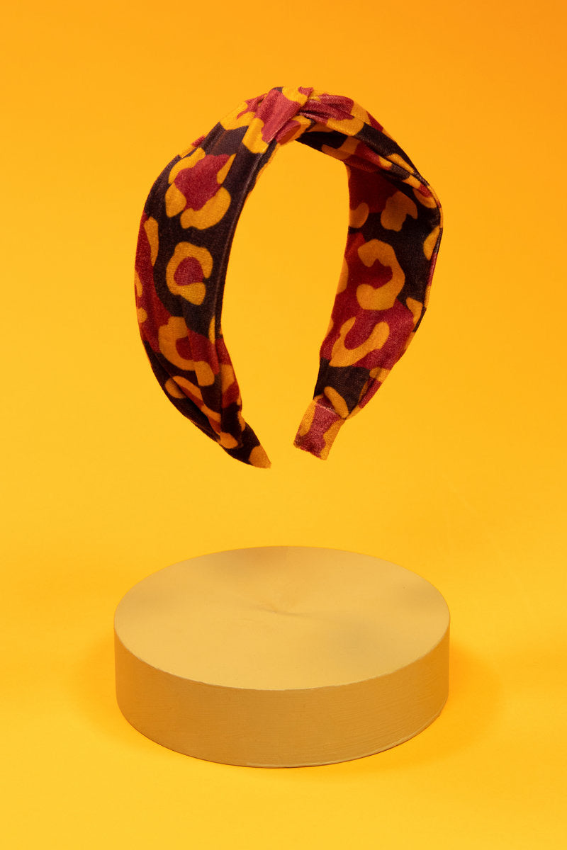 Powder Printed Velvet headband - Leopard - Damson/Mustard