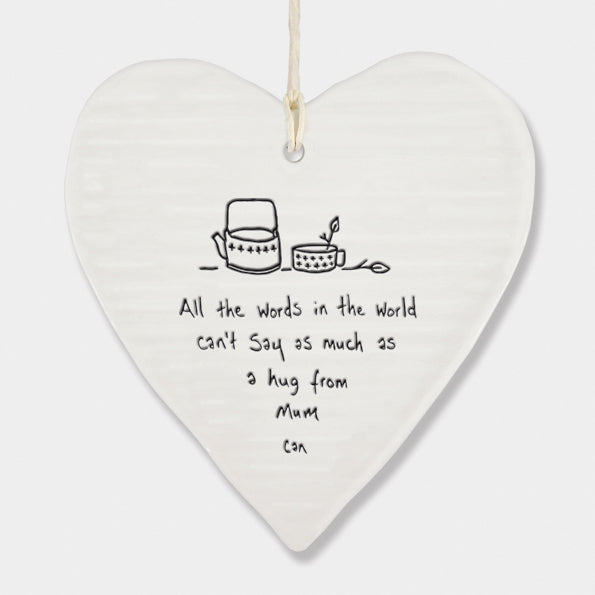 East of India Porcelain Hanging Heart -Hug From Mum