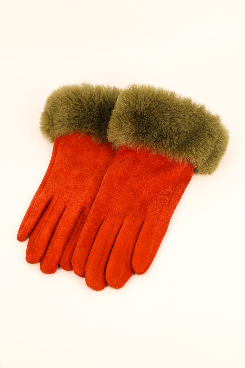 Powder Ladies Bettina Faux Suede Fur Gloves - Rust/Olive
