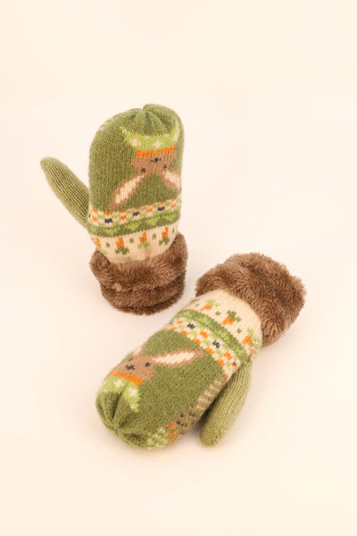 Powder KIDS Knitted Bunny & Carrot Mittens - Olive Green